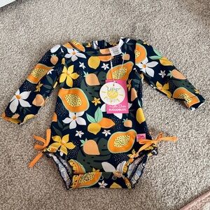 Ruffle Butts Kids Swim One Piece - Navy and Orange Floral